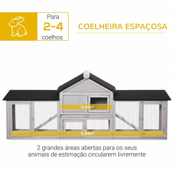 Coelheira de Exterior Grande Gaiola de Madeira para 2 - 4 Coelhos com Teto Asfáltico Recinto de Arame Bandeja Removível e Rampas 210x45,5x84,5cm Cinza e Preto