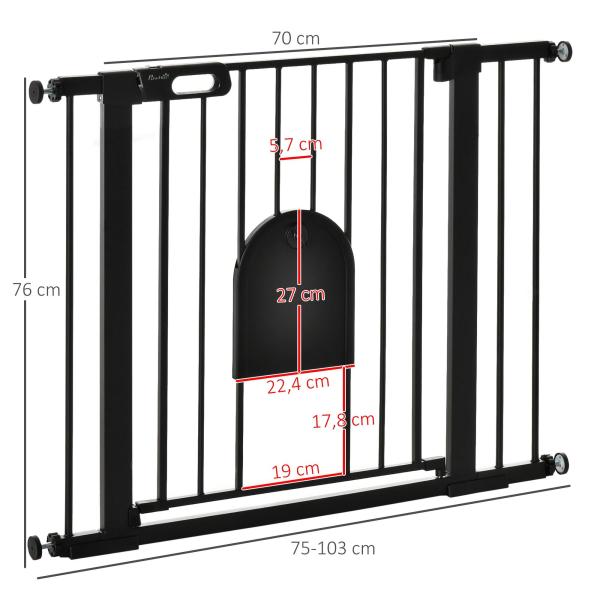 Barreira de Segurança de Cães Animais de Estimação para Escadas e Portas 75 - 103cm com 2 Extensões Fechamento Automático e Sistema de Duplo Bloqueio Aço Preto