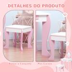 Toucador Infantil de Madeira com Banco Espelho e Gaveta Mesa de Maquilhagem para Crianças entre 3 - 6 Anos 50x36,5x89,5cm Rosa