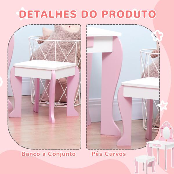 Toucador Infantil de Madeira com Banco Espelho e Gaveta Mesa de Maquilhagem para Crianças entre 3 - 6 Anos 50x36,5x89,5cm Rosa