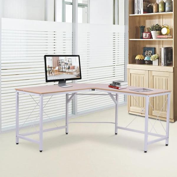 Secretária em Forma de L Secretária para Escritório com Estrutura de Metal Secretária de Canto 150x150x76 cm Branco e Madeira