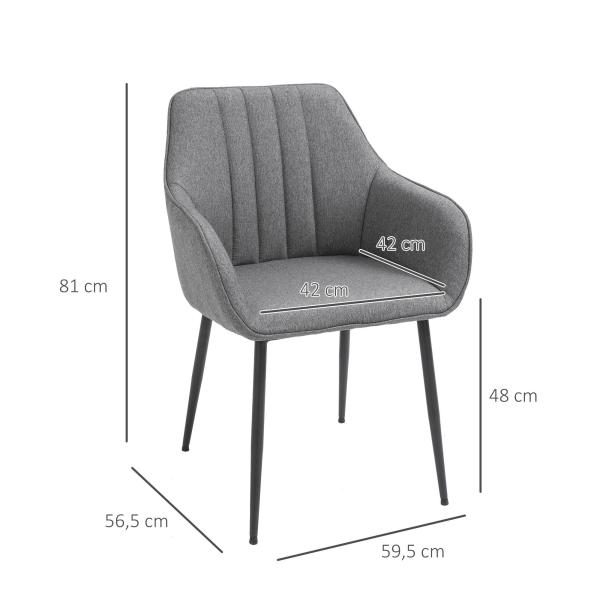Conjunto de 2 Cadeiras de Sala de Jantar Estofadas em Linho com Encosto e Pés de Metal 59,5x56,5x81 cm Cinza