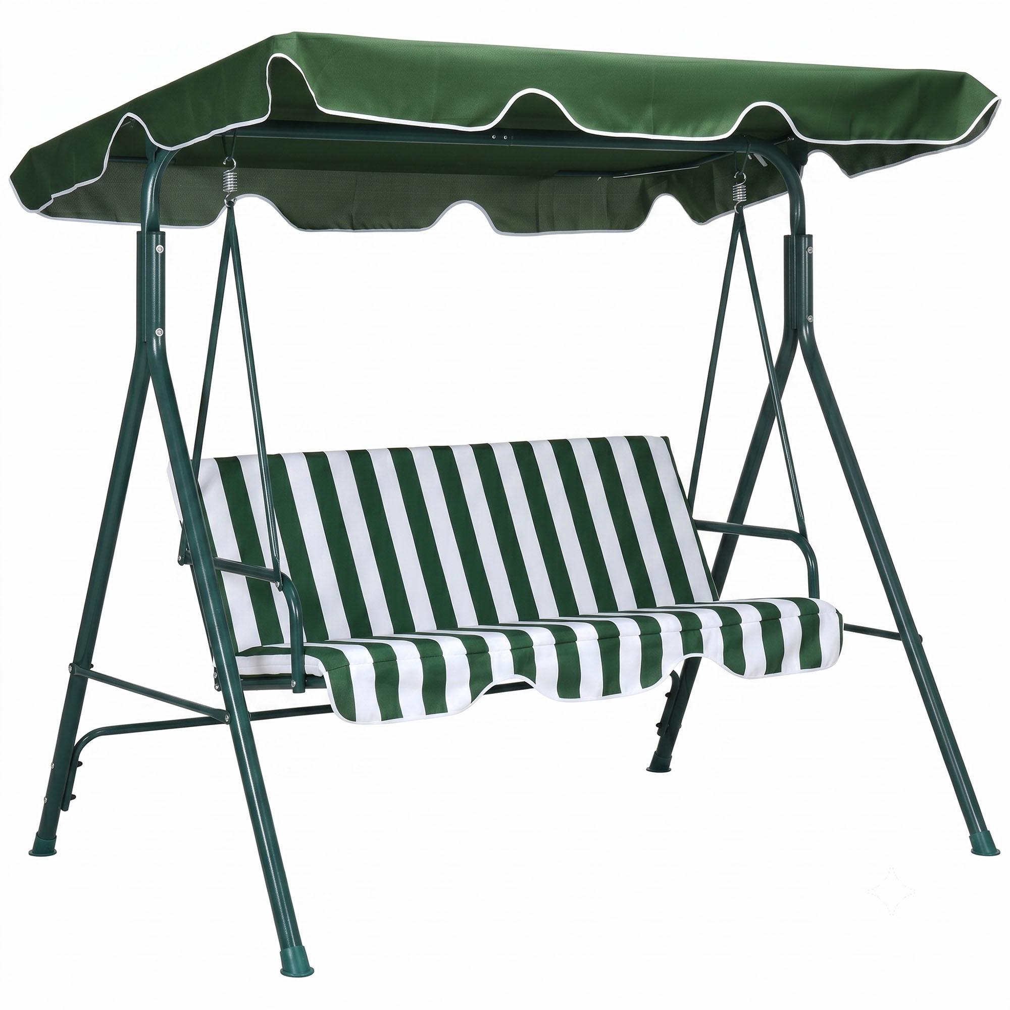 Baloiço de Jardim de 3 Lugares com Almofada Toldo Ajustável e Estrutura de Metal 172x110x153cm Verde e Branco