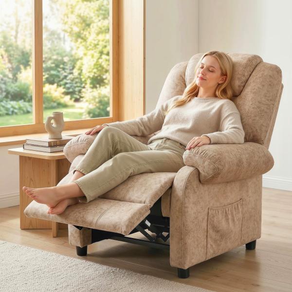 Poltrona Relax Reclinável com Apoio para os Pés Retrátil Encosto Alto Bolso Lateral Acolchoado Grosso 88x91x108 cm Bege