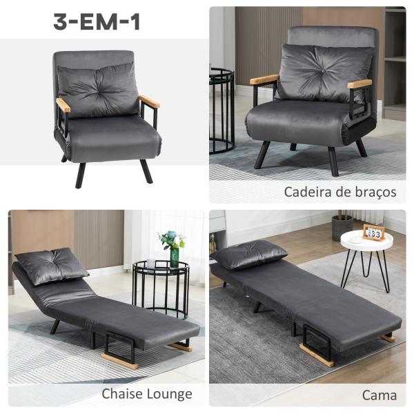 Poltrona Convertível em Cama Poltrona 3 em 1 Convertível em Cama com Encosto Ajustável em 5 Níveis 63x73x81 cm Cinza
