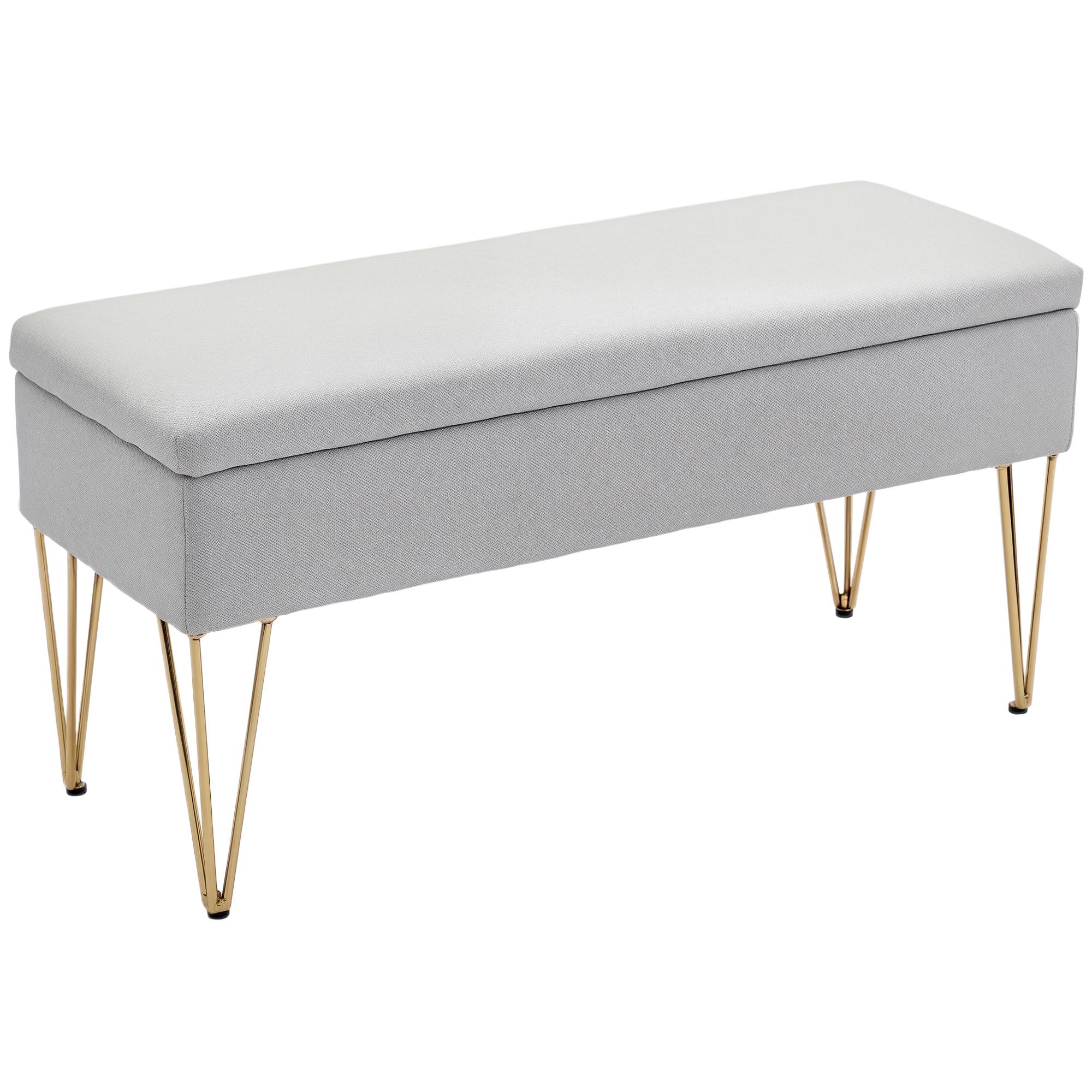 Banco para o Pé da Cama Estofado em Tecido Sintético com Pernas de Aço e Assento Acolchoado Cinzento Claro