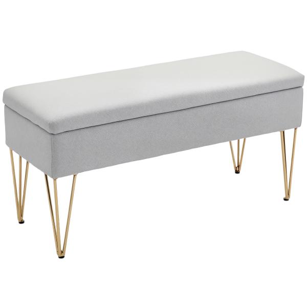 Banco para o Pé da Cama Estofado em Tecido Sintético com Pernas de Aço e Assento Acolchoado Cinzento Claro