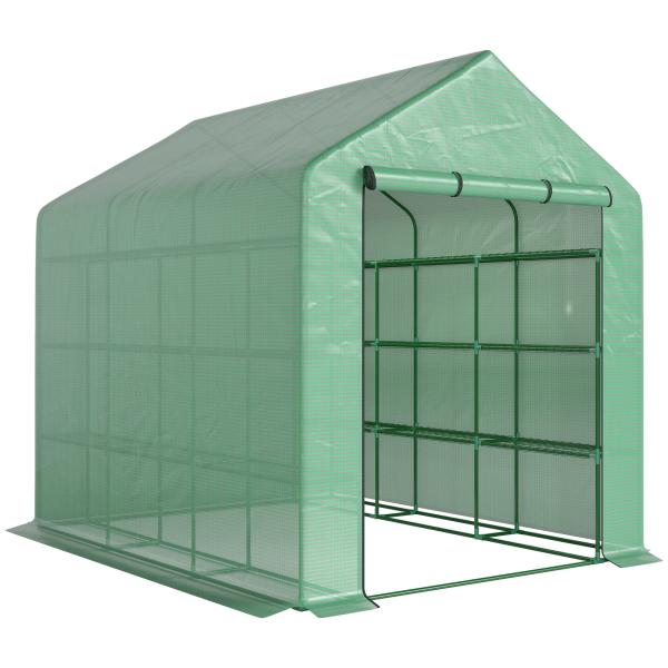 Estufa de Jardim Estufa de Exterior com Prateleiras de 4 Níveis Porta com Fecho de Correr e Estrutura de Aço 244x180x210 cm Verde