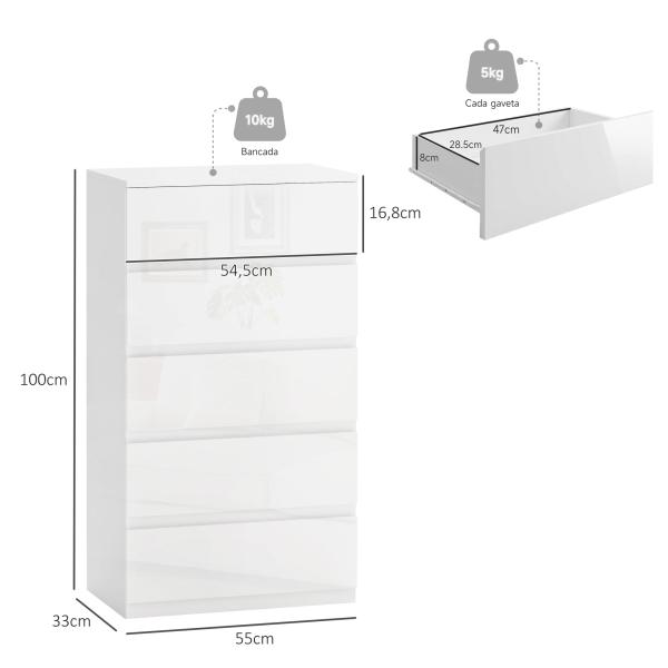Cómoda com 5 Gavetas de Madeira Cómoda de Dormitório Cómoda Branca Estilo Moderno 55x33x80 cm Branco Brilhante