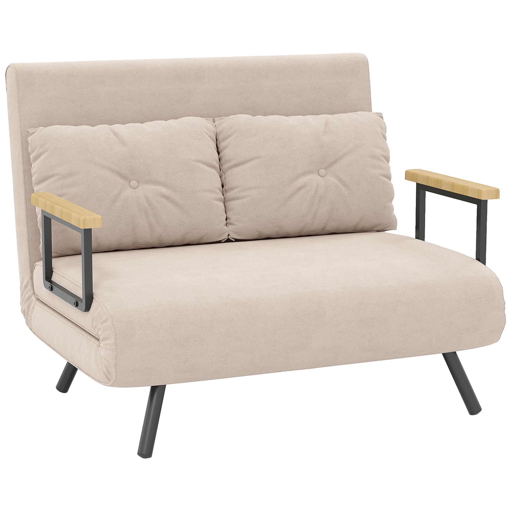 Sofá Cama Convertível 2 Lugares Dobrável com Encosto Ajustável em 5 Níveis e 2 Almofadas 102x73x81 cm Bege Claro
