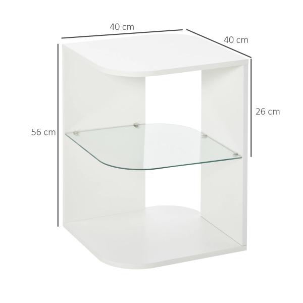 Mesa Auxiliar Moderna Mesa de Cabeceira com 3 Prateleiras 1 de Vidro para Sala de Estar Dormitório 40x40x56cm Branco