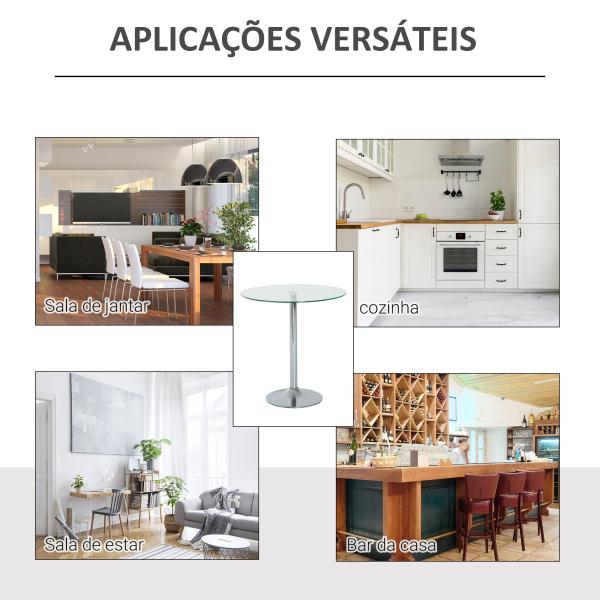 Mesa de Jantar Redonda para 2 Pessoas Mesa de Cozinha Moderna com Superfície de Vidro Temperado para Sala de Estar, Prateada