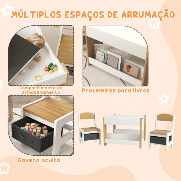 Mesas e Cadeiras Infantis Conjunto 2 em 1 com Armazenamento Mesa 61,5x61,5x48 cm Cadeiras 28,5x30,5x53 cm para Quarto Dormitório Cinza