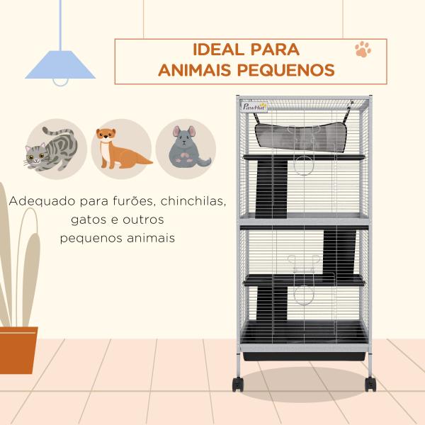 Gaiola para Roedores 52x52x113,5 cm Gaiola para Furões com Rodas 2 Portas 3 Rampas Rede Suspensa e Bandeja Removível Branco