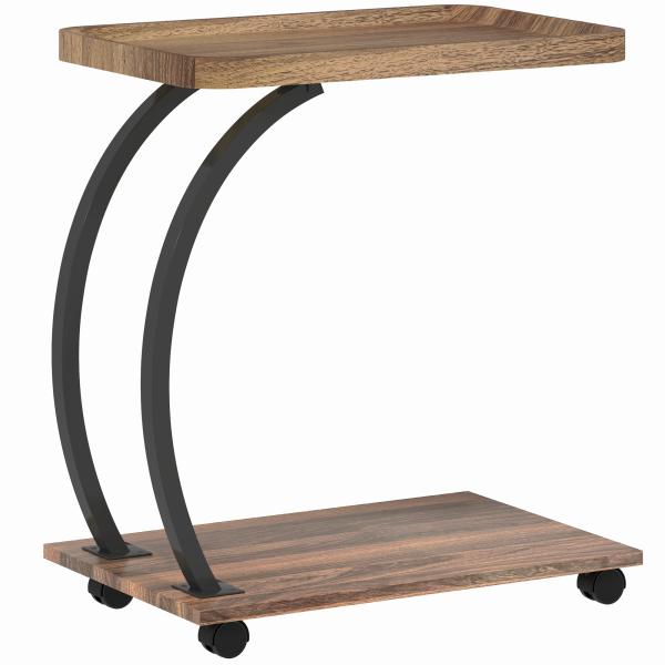 Mesa Auxiliar em Forma de C com Rodas para Sofá com Prateleiras Estrutura de Aço 52x34x60 cm Madeira e Preto