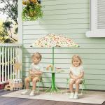 Conjunto de Mesa e Cadeiras para Crianças de Jardim com Cadeiras Dobráveis Chapéu de Sol Ajustável e Desenho de Raposas Verde