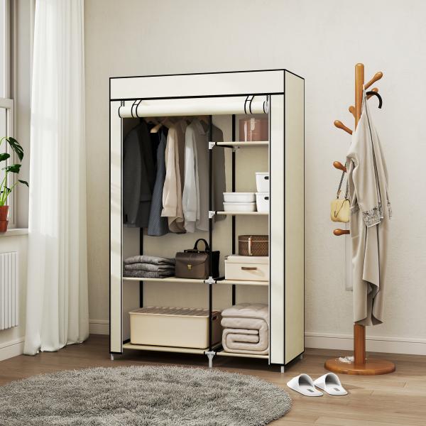 Roupeiro de Tecido Dobrável com 6 Prateleiras e 1 Barra de Pendurar para Dormitório Vestidor 103x43x162,5cm Creme
