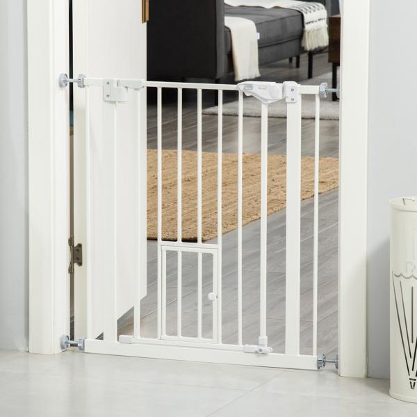 Barreira de Segurança para Cães Animais de Estimação 74 - 80cm para Escadas Portas e Corredor com Porta com Fechamento Automático e Sistema de Duplo Bloqueio Altura 76,2cm Branco