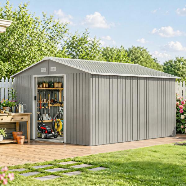 Abrigo de Jardim 340x386x200 cm 13,1 m² Abrigo de Exterior de Aço com Portas de Correr e Ventilações Cinza Claro