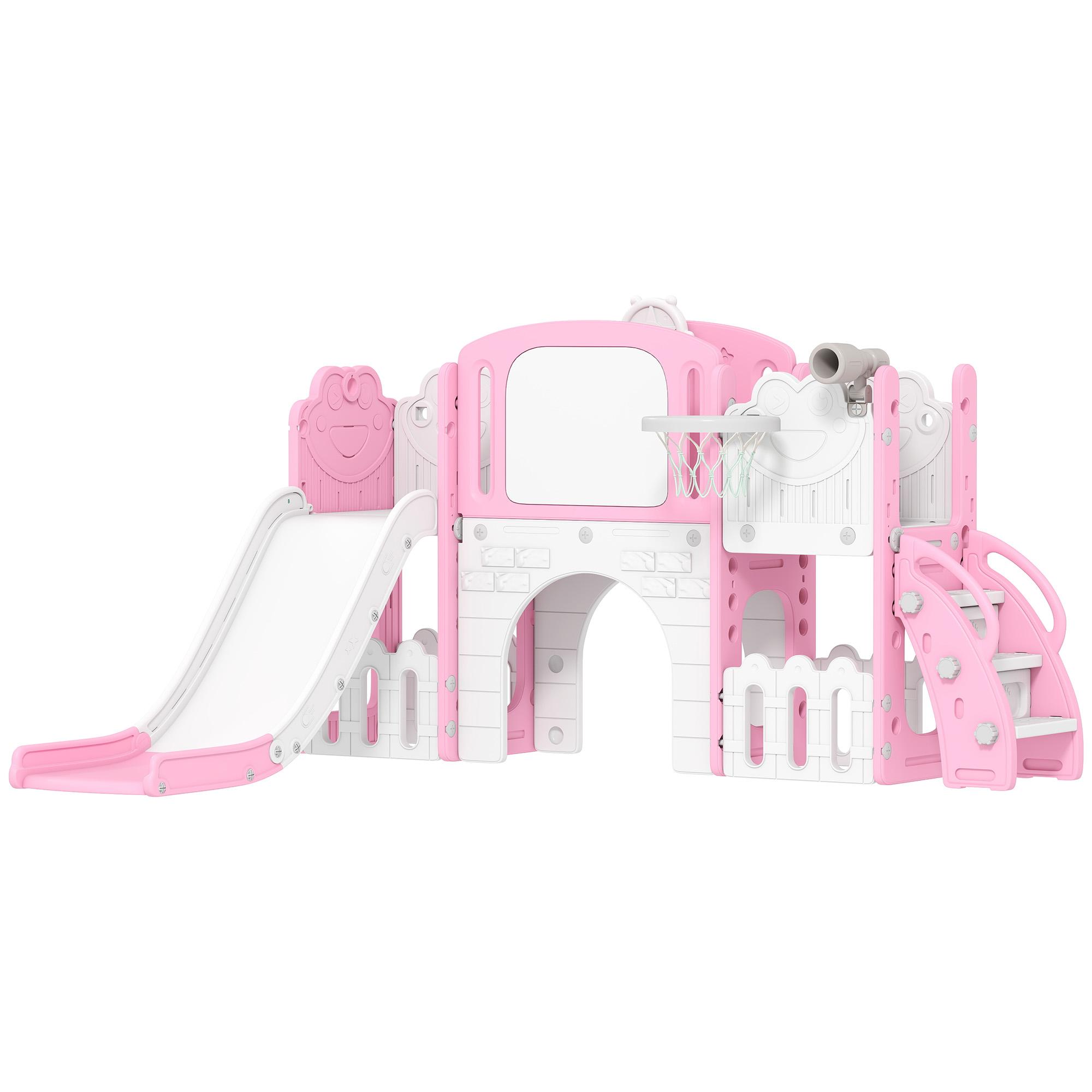 Escorrega Infantil 7 em 1 para Crianças Tema de Sapo com Aro de Basquetebol Túnel Quadro Telescópio de Brincar Trepador 176x150x94 cm Rosa