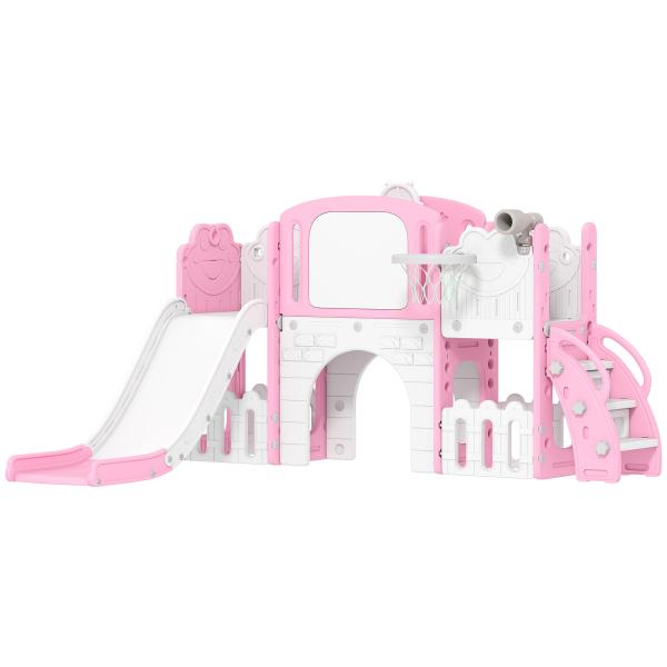 Escorrega Infantil 7 em 1 para Crianças Tema de Sapo com Aro de Basquetebol Túnel Quadro Telescópio de Brincar Trepador 176x150x94 cm Rosa