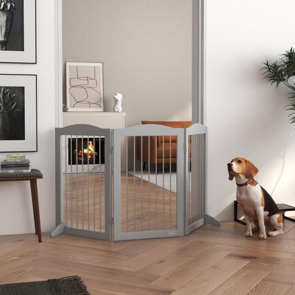 Barreira de Segurança para Cães Barreira de Segurança para Escadas e Portas Dobrável com Suporte de Pé 154x30x80cm Cinzento