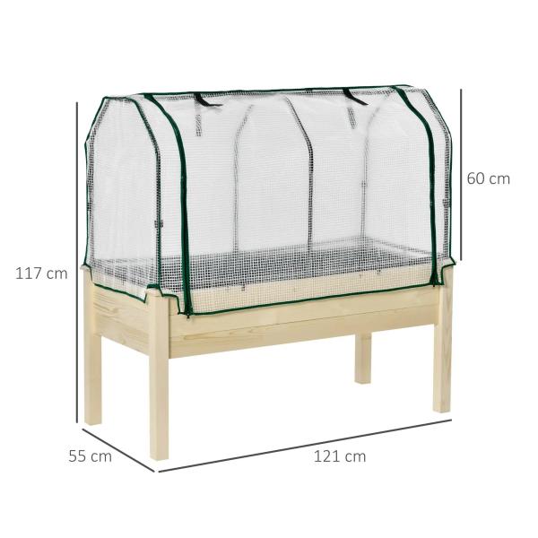 Horta Vertical Elevada de Madeira 121x55x117cm com Cobertura de Proteção Mesa de Jardinagem para Cultivo de Flores Vegetais e, Jardim Terraço Madeira Natural