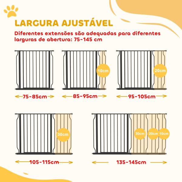 Barreira de Segurança para Cães com 3 Extensões Montagem a Pressão Duplo Bloqueio 75 - 145x76 cm Preto