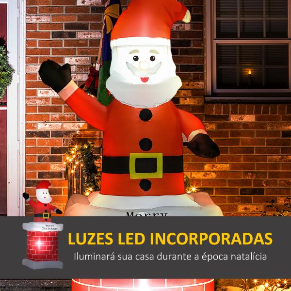 Pai Natal Insuflável com Chaminé 2 Luzes LED e Insuflador Elétrico Decoração de Natal 80x70x210 cm Multicor