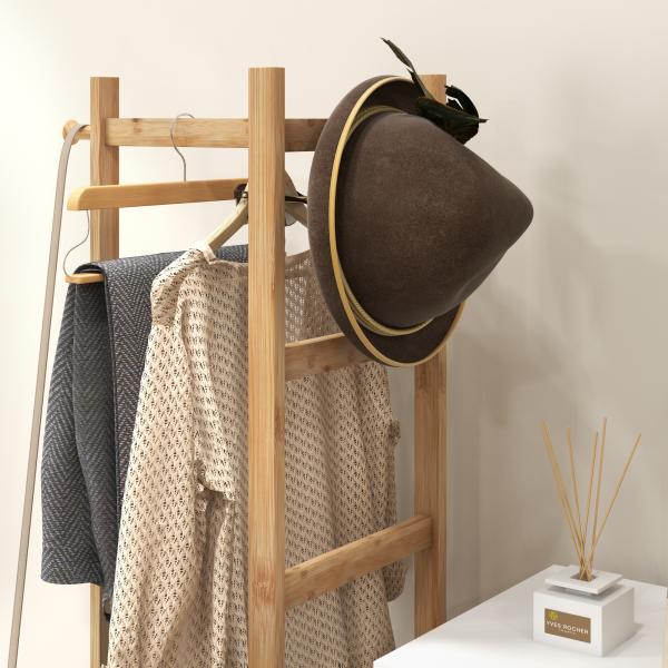 Cabide de Pé de Bambu com 2 Prateleiras 2 Ganchos 5 Barras e Estrutura de Aço 46x28,5x153,5 cm Madeira e Preto