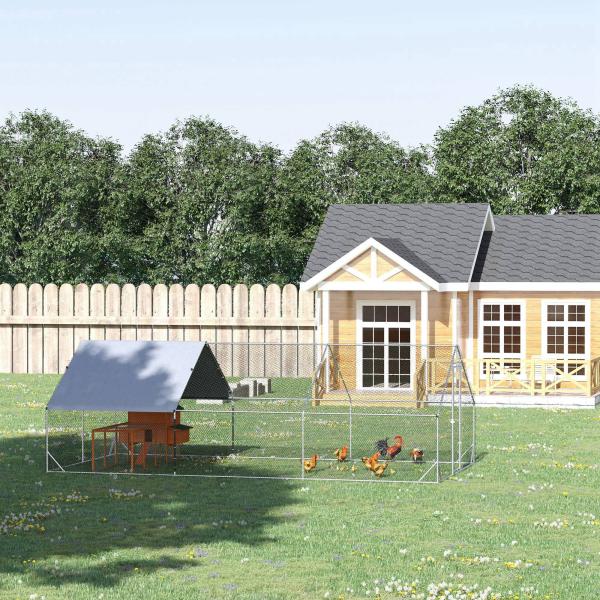 Galinheiro de Exterior Grande 3x6x2m Gaiola para 12 - 18 Galinhas de Aço Galvanizado com Teto de PE e Fechadura para Coelhos Prata