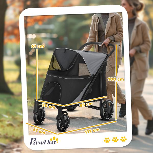 Carrinho para Cães Dobrável com Janelas de Malha Cinto de Segurança e Bolsos de Armazenamento 112x65x100 cm Cinzento