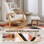 Poltrona de Baloiço com Apoio para os Pés Estofado em Bouclé com Almofada Acolchoada Encosto Ergonómico Apoios de Braços e Pés de Madeira 64,5x82x89 cm Branco