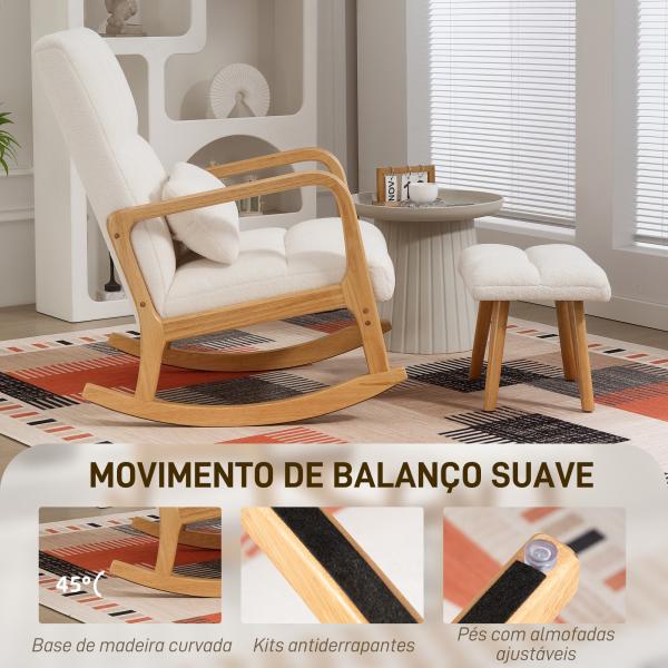 Poltrona de Baloiço com Apoio para os Pés Estofado em Bouclé com Almofada Acolchoada Encosto Ergonómico Apoios de Braços e Pés de Madeira 64,5x82x89 cm Branco
