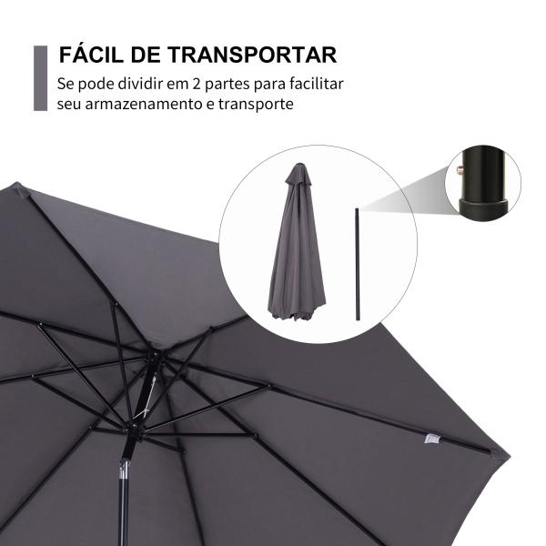 Chapéu de Sol de Jardim Ø295x250cm com Manivela Chapéu de Sol Exterior com Mecanismo de Inclinação e Mastro Desmontável de Metal para Terraço Piscina Pátio Cinza Escuro