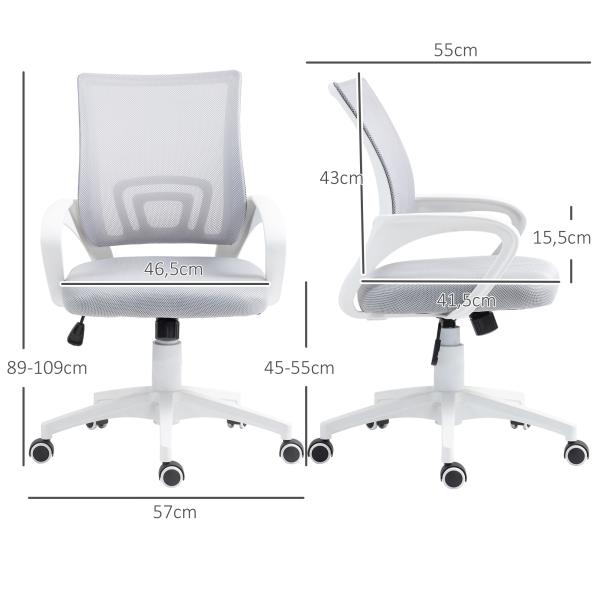 Cadeira de Escritório de Malha Giratória com Altura Ajustável Função Basculante e Apoio para os Braços 57x55x89 - 109 cm Cinza