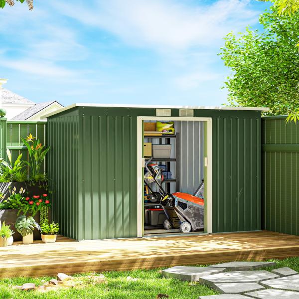 Abrigo de Jardim 280x130x172cm Abrigo de Exterior de Aço Galvanizado com Porta Corredeira e Ventilações Verde Claro