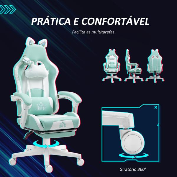 Cadeira Gaming com Orelhas Cadeira Gamer Reclinável com Altura Ajustável e Suporte Lombar 65x62x116 - 124 cm Azul Claro