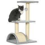 Arranhador para Gatos Médio de 3 Níveis com Postes de Sisal Placa para Arranhar e Bola Suspensa 40x35x72 cm Cinza