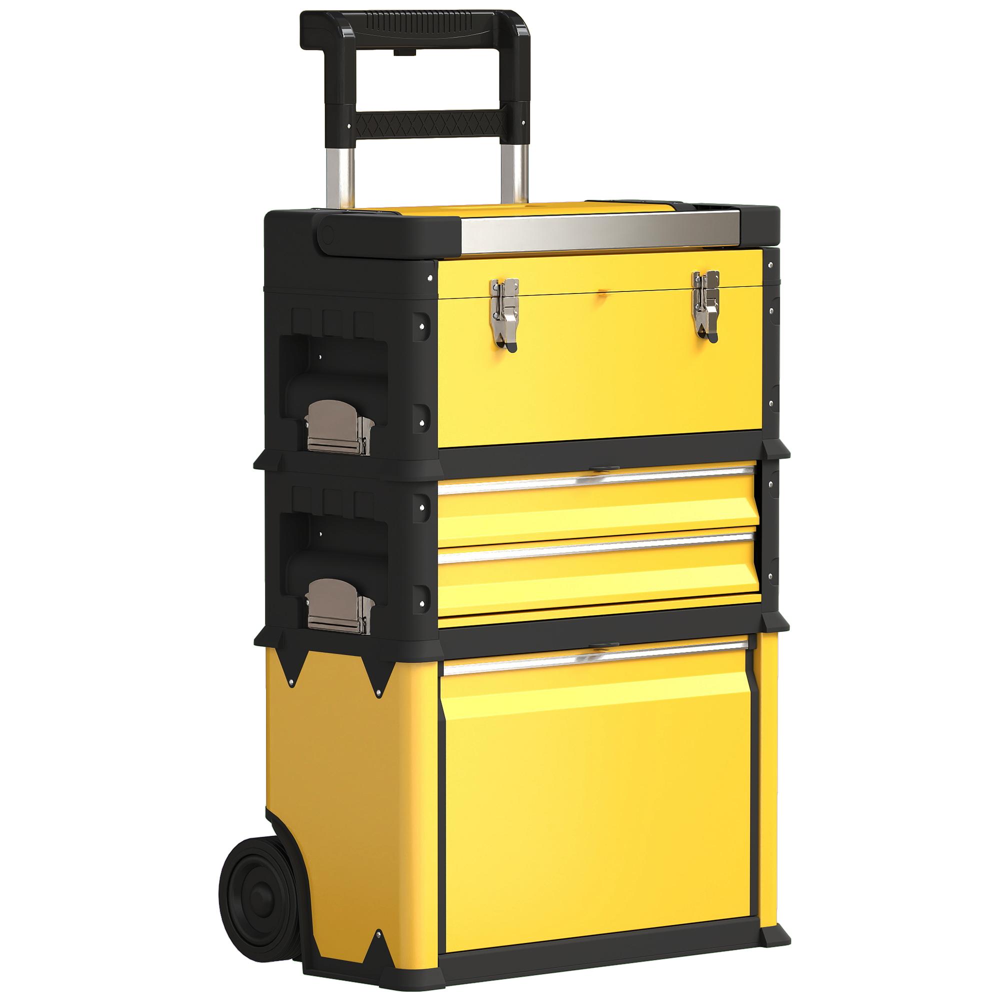 Caixa de Ferramentas Empilhável 3 em 1 Caixa de Ferramentas com Rodas Carro de Ferramentas de Aço 52x32x72 cm Amarelo e Preto