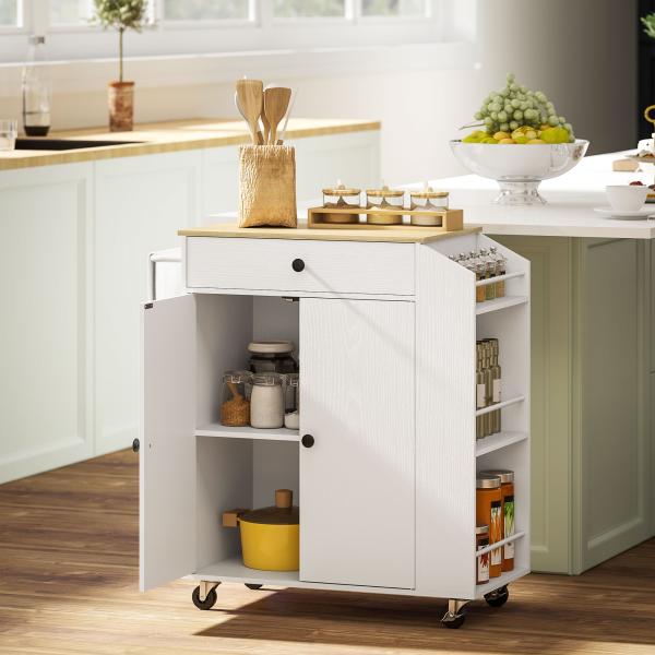 Ilha de Cozinha com Rodas com Gaveta Suporte para Temperos de 3 Níveis e Prateleira Ajustável 82x38x86,5 cm Branco