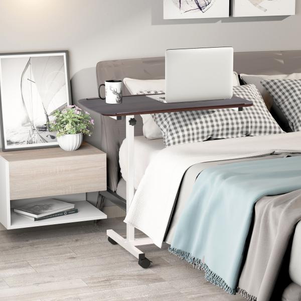 Mesa Auxiliar com Rodas para Sofá e Cama Altura Ajustável e Estrutura de Aço 77x40x76 - 100 cm Nogueira Escura