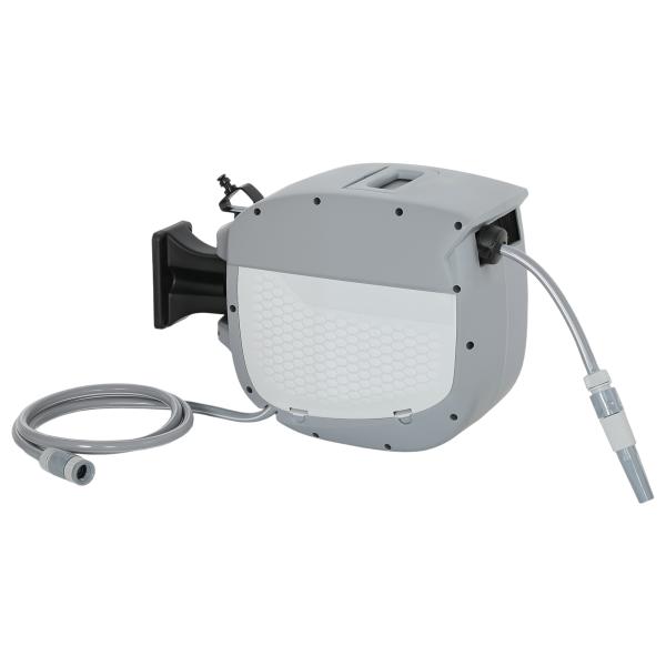 Carretel de Mangueira para Jardim 20+1,9 m com Bico de 2 Modos Bloqueio Automático e Retracção Suporte Orientável 180° Cinza
