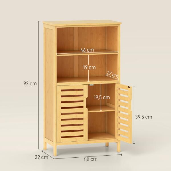 Armário Casa de Banho de Bambu Móvel Auxiliar Casa de Banho com 2 Portas 2 Prateleiras Abertas 50x29x92 cm Madeira