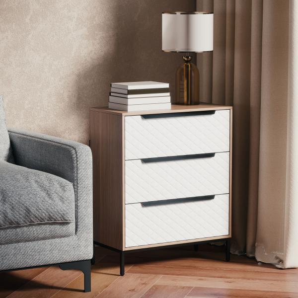 Cómoda com 3 Gavetas de Tecido Frentes com Padrão de Diamante Móvel de Arrumação 59,5x30x73,5 cm Madeira e Branco