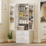 Armário Despenseiro de Cozinha com 2 Portas, 8 Prateleiras na Porta, 2 Gavetas e Prateleiras Ajustáveis, 60x40x159 cm, Branco