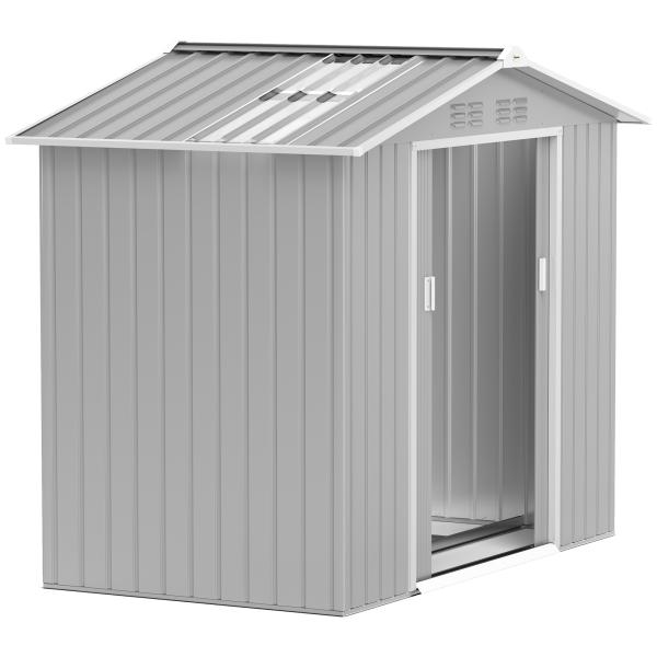 Abrigo de Jardim 2,42 m 213x130x185 cm Abrigo de Jardim Metálico para Armazenamento com 2 Portas Deslizantes e 4 Janelas Cinza Claro