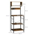 Estante de Cozinha Móvel Auxiliar de Cozinha com Ficha 2 Carregadores USB Ganchos e Prateleira Ajustável 60x42x153 cm Castanho Rústico