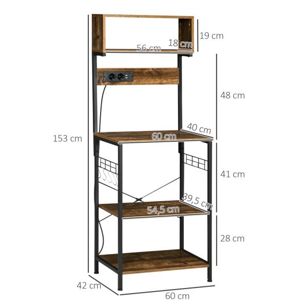 Estante de Cozinha Móvel Auxiliar de Cozinha com Ficha 2 Carregadores USB Ganchos e Prateleira Ajustável 60x42x153 cm Castanho Rústico