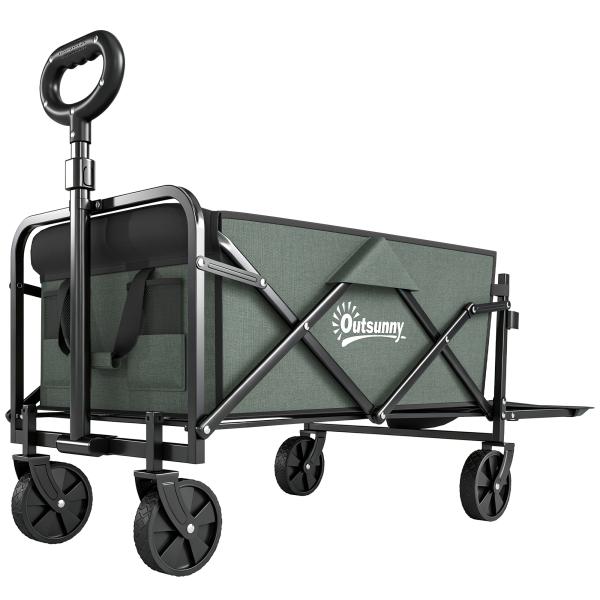 Carrinho de Transporte com Rodas Carrinho de Jardim Dobrável com Puxador Telescópico Ajustável Porta Traseira Expansível 114x46x65 - 92 cm Verde